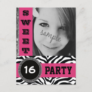 Mod Hot Pink Zebra Sweet 16 Party met foto Kaart
