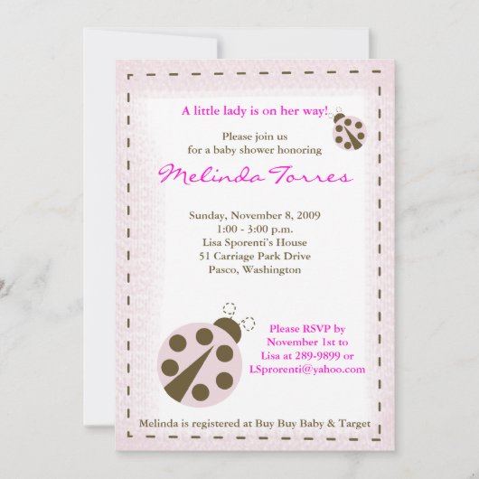 Mod Ladybug 5x7 Roze Baby shower Uitnodiging (Voorkant)