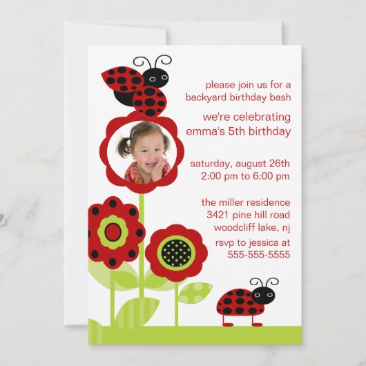 Mod Ladybug Bugs Photo Birthday Invitation Kaart (Voorkant)