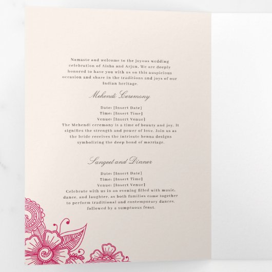 Mod Mehandi Traditioneel Indiase huwelijksprogramm Drieluik Programma (Binnenzijde eerst)