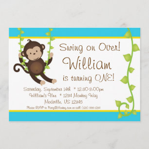 Mod Monkey Blue en Yellow Birthday Party Invite Kaart