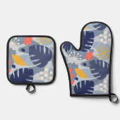 Mod Monstera Leaf Abstract Hawaiian Tropical - Bla Ovenwant & Pannenlap Set (Voorkant)