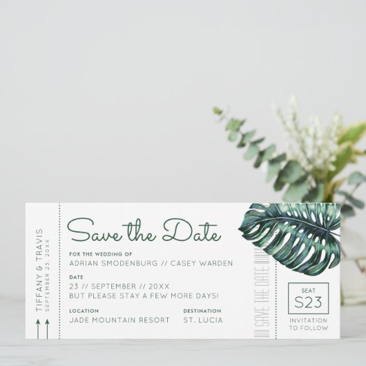 Mod Monstera Leaf Boarding Pass De datum opslaan Aankondiging (Staand voorkant)