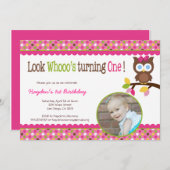 Mod Owl 1st Birthday Uitnodiging - Eerste Partij (Voorkant / Achterkant)