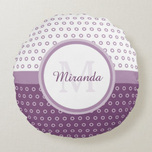 Mod Paars en White Polka Dots Monogram met naam Rond Kussen