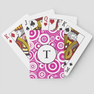 Mod Pink & White Concentric Retro Circles Initiaal Pokerkaarten