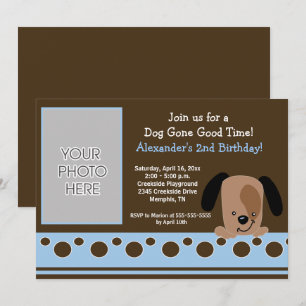 Mod Puppy Blue en bruine Birthday Invitation Kaart
