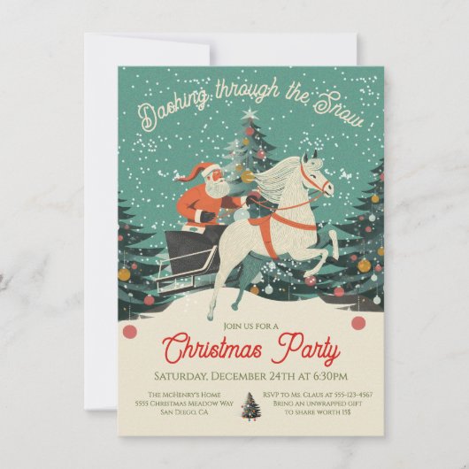 Mod Retro Santa's Sleigh Ride Christmas Party Kaart (Voorkant)