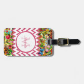 Mod Roze Chevron  Floral Monogram en naam Bagagelabel (Voorkant horizontaal)