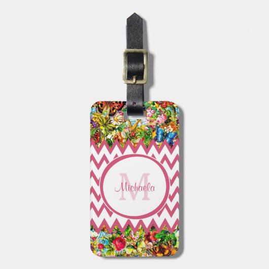 Mod Roze Chevron  Floral Monogram en naam Bagagelabel (Voorkant verticaal)