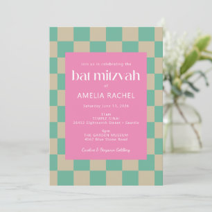 Mod Roze Mintgroene Geruite Bat Mitzvah Kaart