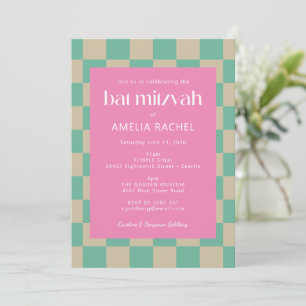 Mod Roze Mintgroene Geruite Bat Mitzvah RSVP Kaart