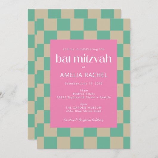 Mod Roze Mintgroene Schaken Bar Mitzvah Kaart (Voorkant / Achterkant)