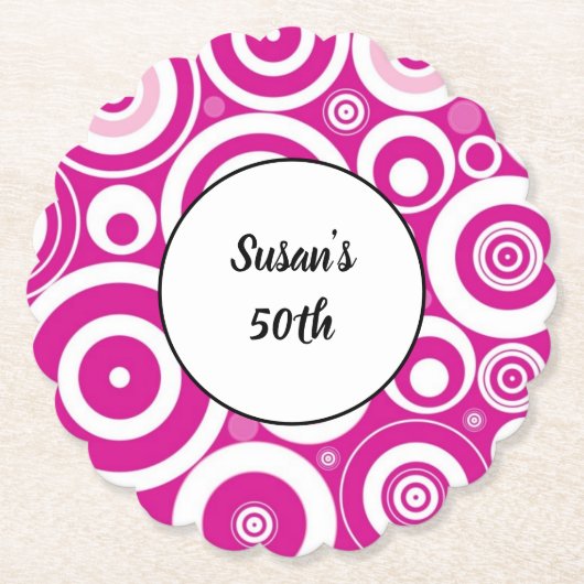 Mod Roze Witte Concentric Retro Cirkels 50ste Bday Kartonnen Onderzetters (Voorkant)