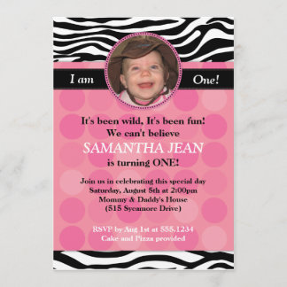 Mod roze Zebra PHOTO Birthday Uitnodiging