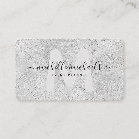 Mod Silver Luxury Glitter Monogram Visitekaartje (Voorkant)