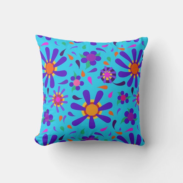 Mod Style Purple Flowers op Aqua Blue Kussen (Voorkant)