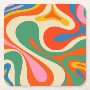 Mod Swirl Retro Trippy Colorful Abstract Patroon Vierkante Kartonnen Onderzetter