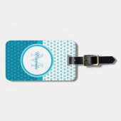Mod Turquoise Blue Polka Dots Monogram met naam Bagagelabel (Voorkant horizontaal)