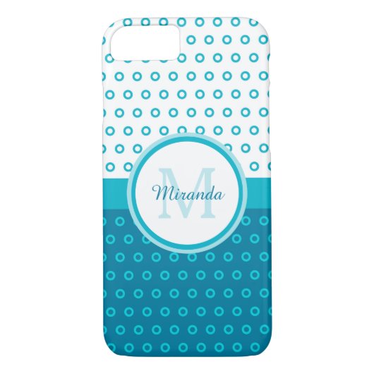 Mod Turquoise Blue Polka Dots Monogram met naam Case-Mate iPhone Case (Achterkant)