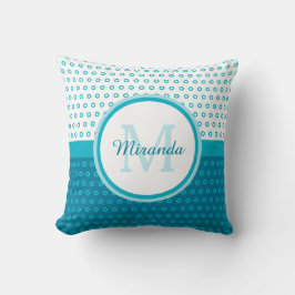 Mod Turquoise Blue Polka Dots Monogram met naam Kussen