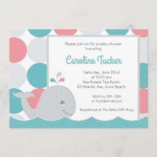 Mod Whale Coral & Invitation Baby shower Turquoise