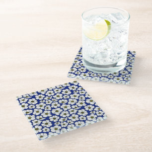 Mod Witte Bloemen Op Blauwe Glazen Onderzetter