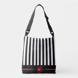 Mod zwarte & witte strepen met helder rood hart crossbody tas