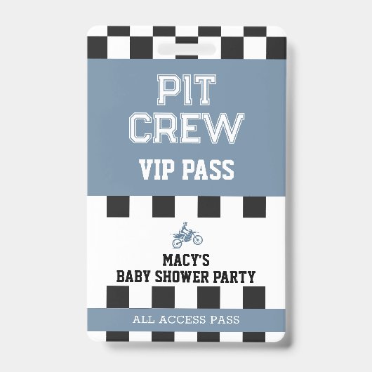 Modderfiets Baby Shower Feest Pit Crew VIP Pas Badge (Voorzijde)