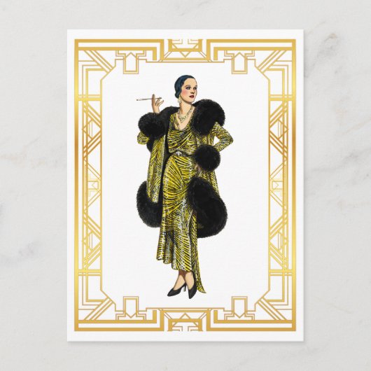  Mode 20s Flapper Fur Kaap Evening Gown Briefkaart (Voorkant)