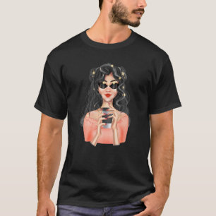 Mode blauw-meisje met koffiebeker met zwart t-shirt