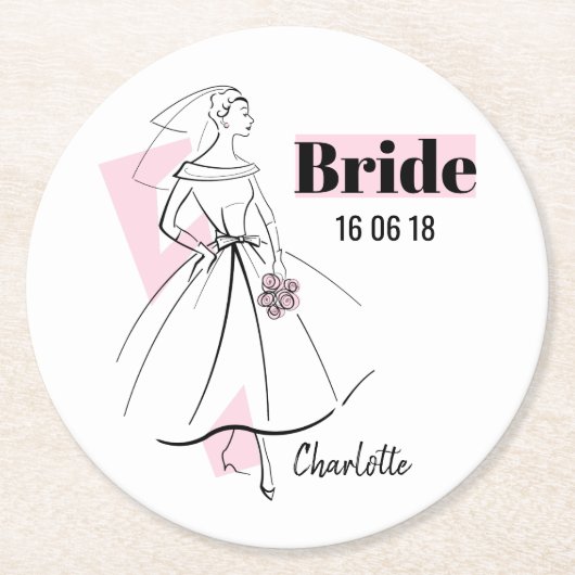Mode Bride Roze Bride Datum Naam onderzetter (Voorkant)