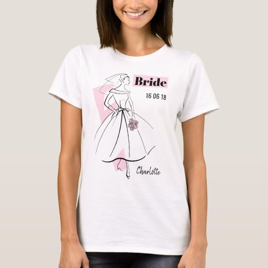 Mode Bride Roze Groep Bride Naam Datum t-shirt (Voorkant)