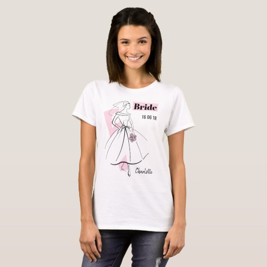 Mode Bride Roze Groep Bride Naam Datum t-shirt (Voorkant volledig)