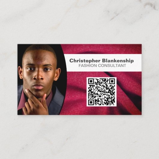 Mode Burgundy Fabric Custom Photo QR Code Visitekaartje (Voorkant)