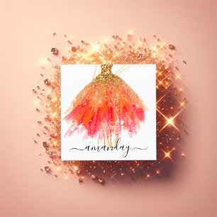 Mode Designer Glitter Dress Logo QR Red Gold Vierkante Visitekaartje