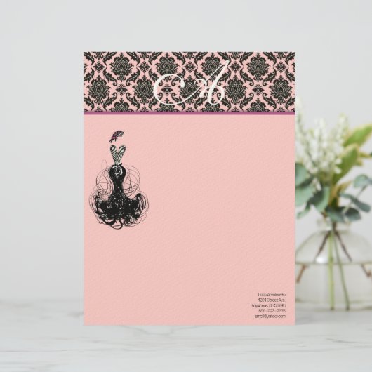 Mode Diva Pink Raspberry Monogram Damask Briefhoofd Ontwerp (Staand voorkant)