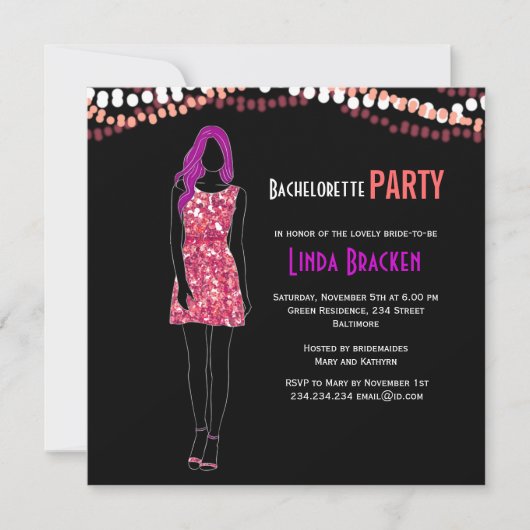 Mode Girl Dress Lights Bachelorette Invite Kaart (Voorkant)