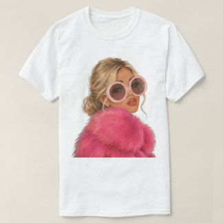 Mode Glam Blondine in Roze Nepbontjas T-shirt