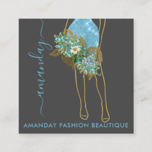 Mode Gold Blue Dress Logo QRCode Floral Wreate Vierkante Visitekaartje