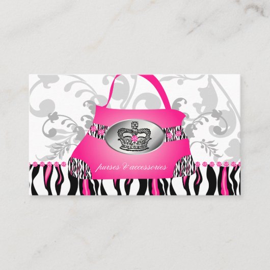 Mode Handbag Crown Purse Pink Zebra Floral 2 Visitekaartje (Voorkant)