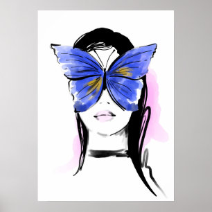 Mode illustratie glam vrouw met vlinder poster