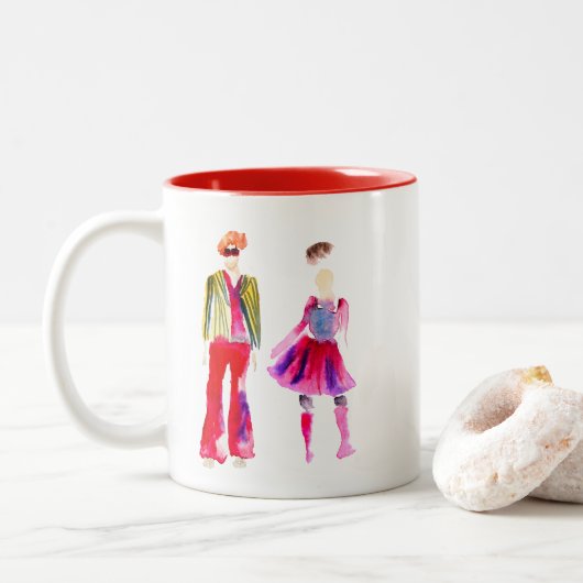 Mode illustratie waterverf boho tweekleurige koffiemok (Met donut)