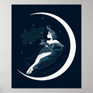 Mode illustrationart deco vrouw met maan poster