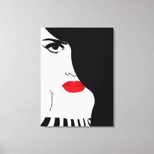 Mode kunst, zwart wit rode lippen vrouw canvas afdruk (Voorkant)
