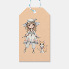 Mode meisje dat wandelt met haar kat cadeaulabel