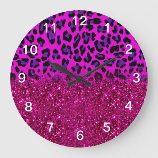 Mode Moderne roze Paarse glitter Leopard Grote Klok (Voorkant)