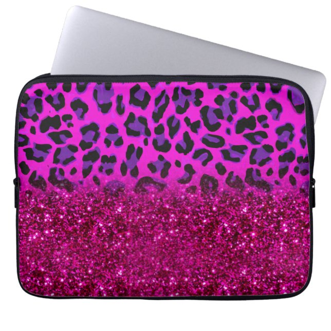 Mode Moderne roze Paarse glitter Leopard Laptop Sleeve (Voorkant)