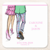 Mode paar rode kreeft Douche bruiloft Vierkante Kartonnen Onderzetter (Voorkant)