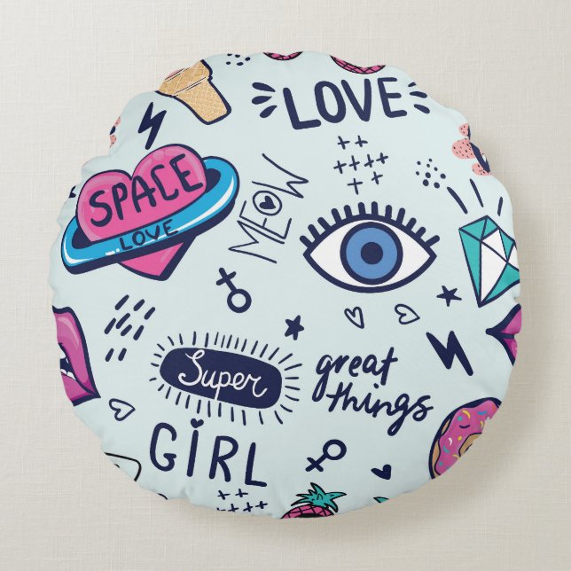 Mode Patch: Pop Art Stickers. Rond Kussen (Voorkant)